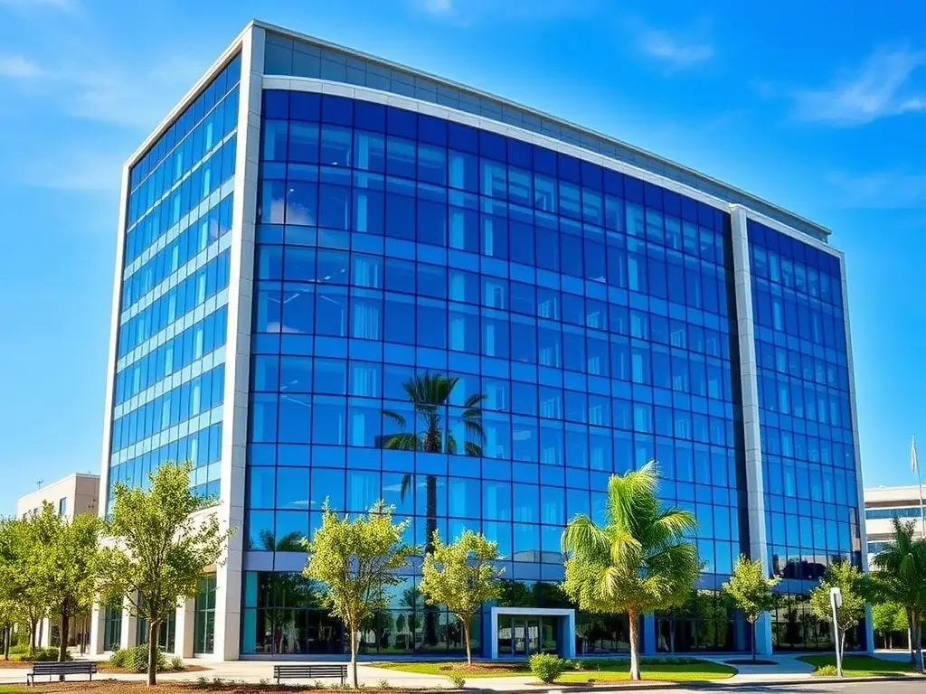 A high-angle shot of a newly constructed commercial office building with glass facade, reflecting the sky, taken during a sunny day. The building showcases modern architectural design and is surrounded by well-maintained landscaping.