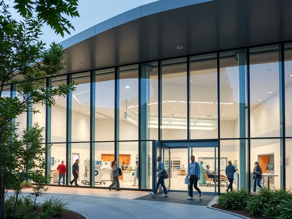 A close-up shot of a modern medical facility's exterior, highlighting the clean lines and advanced design. The image focuses on the entrance area, with signage and well-lit pathways.