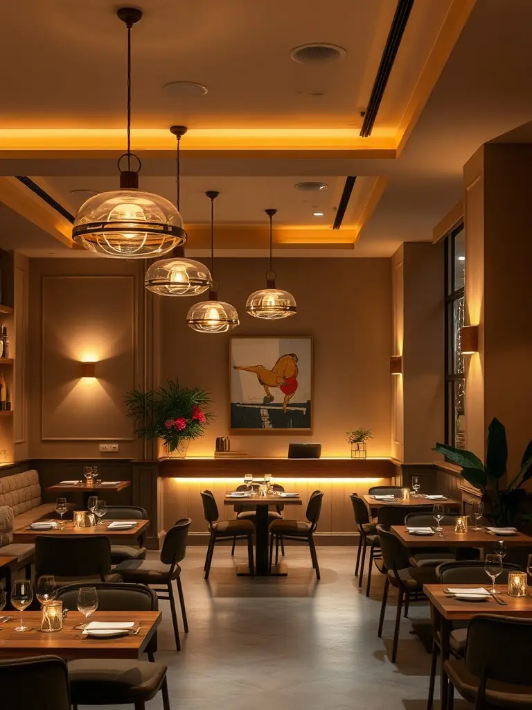 A photograph of a restaurant interior renovation, featuring new flooring, lighting, and seating arrangements, creating an inviting and stylish dining atmosphere.