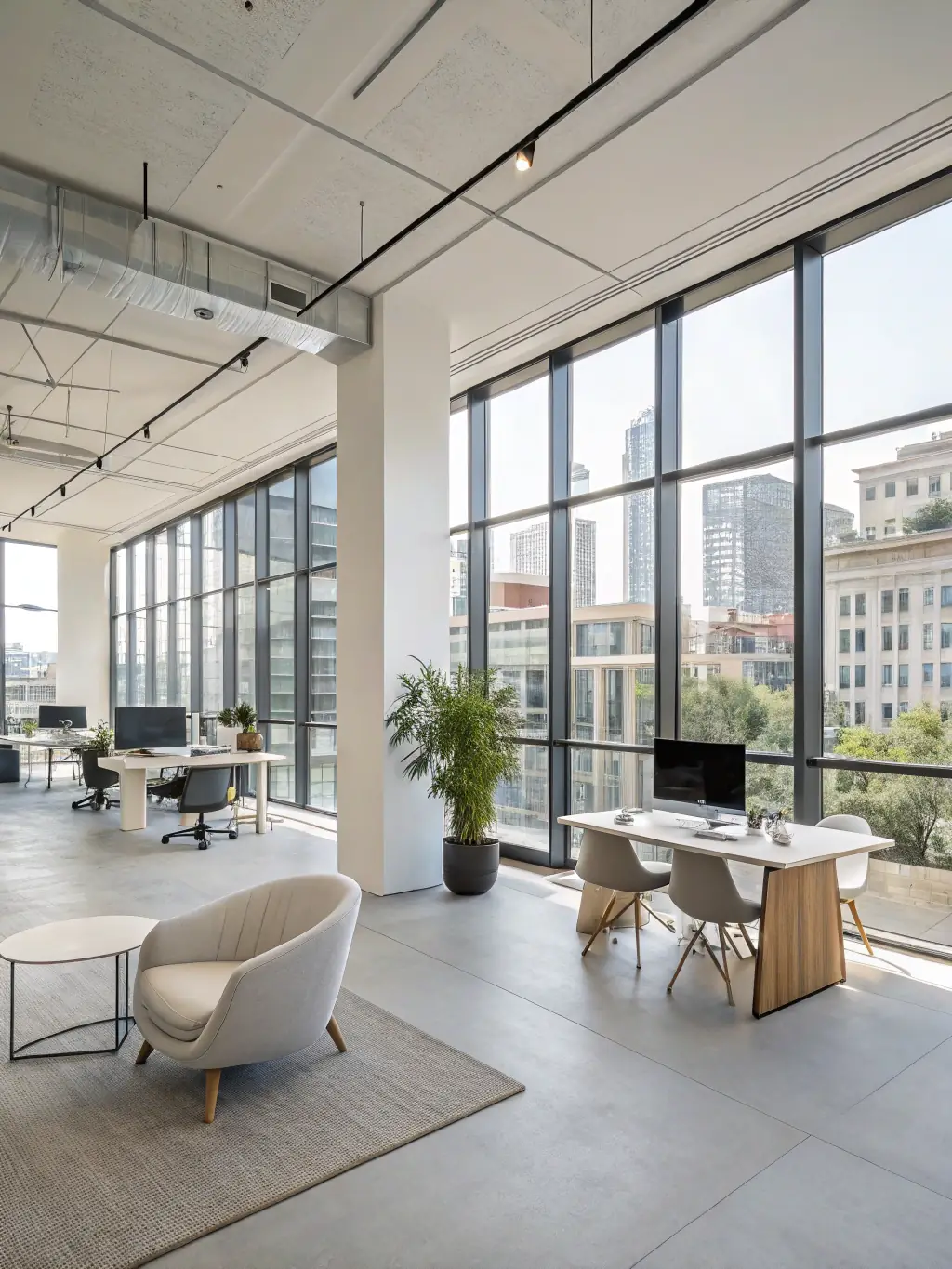 A high-quality photograph showcasing a recently completed office remodeling project, with modern furniture and a clean, professional design, emphasizing the transformation from the original space.