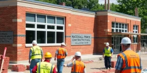 A vibrant, active school construction site, with MacDougall Pierce Construction's team working on a new classroom wing. The image should convey a sense of progress and community impact.