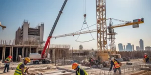 A high-angle, wide shot of a modern industrial warehouse construction site, showcasing MacDougall Pierce Construction's expertise in industrial projects. The image should highlight the scale and complexity of the project, with workers and heavy machinery visible.